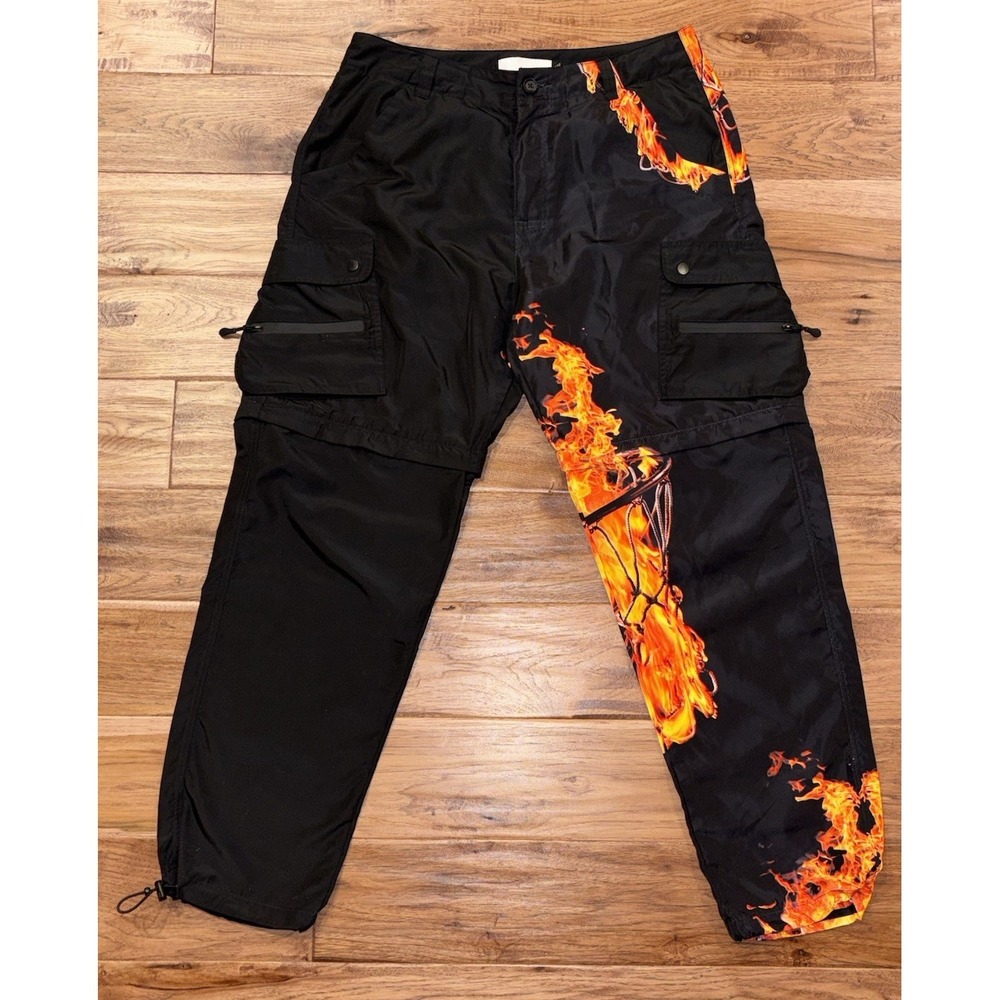 ROKIT Mens Cargo Polyester Pants Flames Basketball Convertible To Short Men's L